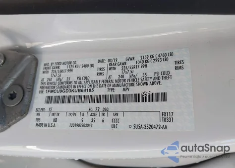 2019 Ford Escape Se from USA, damaged, VIN 1FMCU9GD3KUB64185